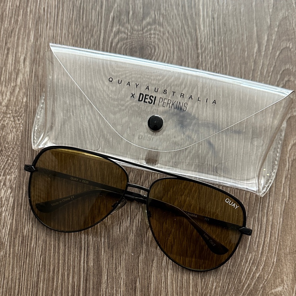 Quay Australia Aviator Sunglasses with Black Frames and Brown Lenses